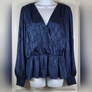 MICHAEL MICHAEL KORS Womens Dark Blue Faux Wrap Peplum Top - Size L (NWT)